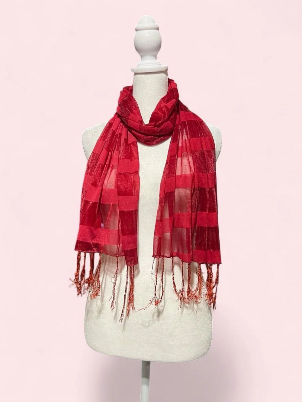 Red Lightweight Striped Fringe Scarf - Women Accessories